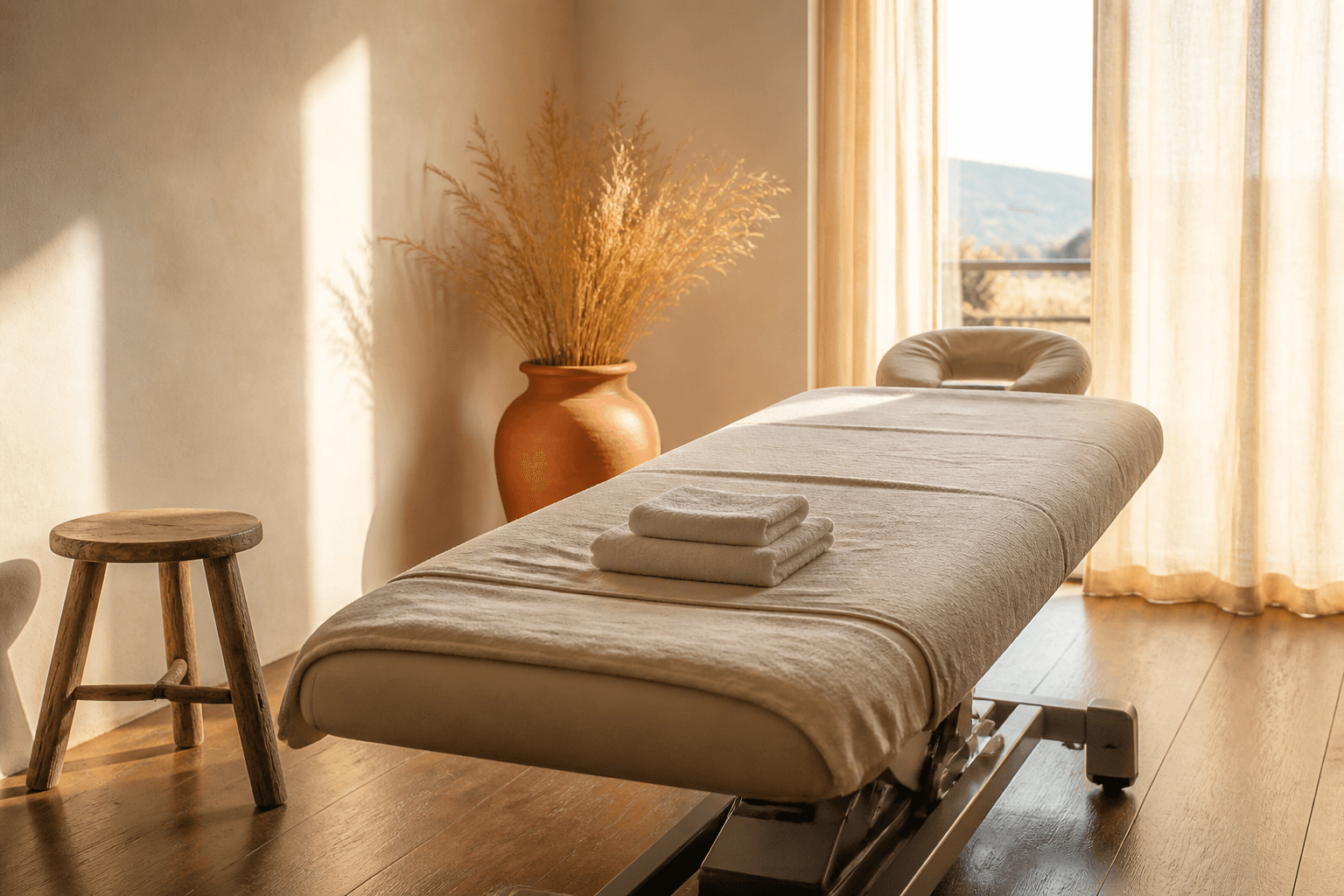 Sala de fisioterapia con camilla, lista para reservar